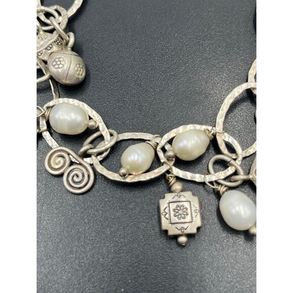 Artisan Sterling Silver White Freshwater Pearl Ladybug Link Charm Bracelet - Picture 3 of 13